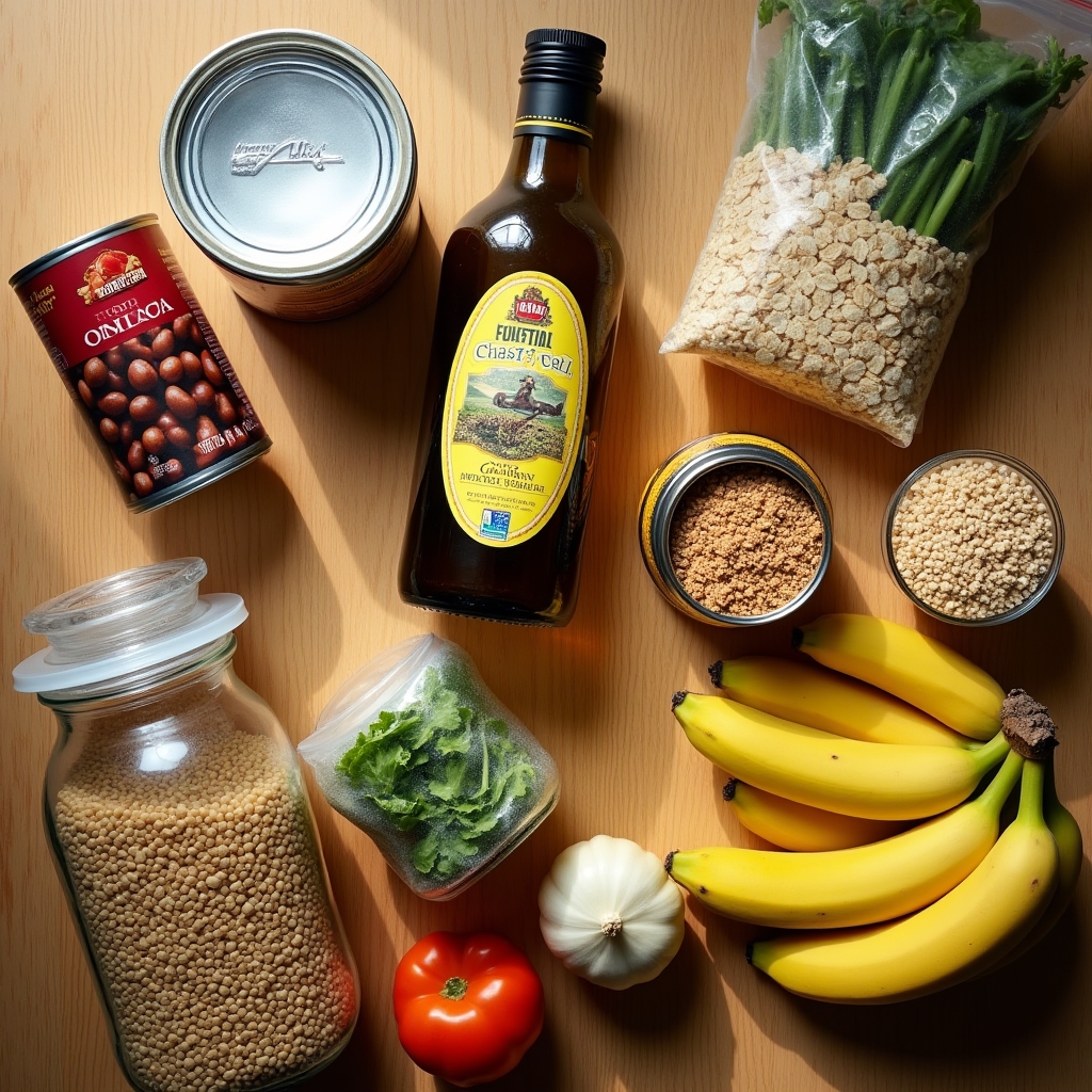 Flat lay of common supermarket pantry staples including canned beans, olive oil, oats, and frozen vegetables