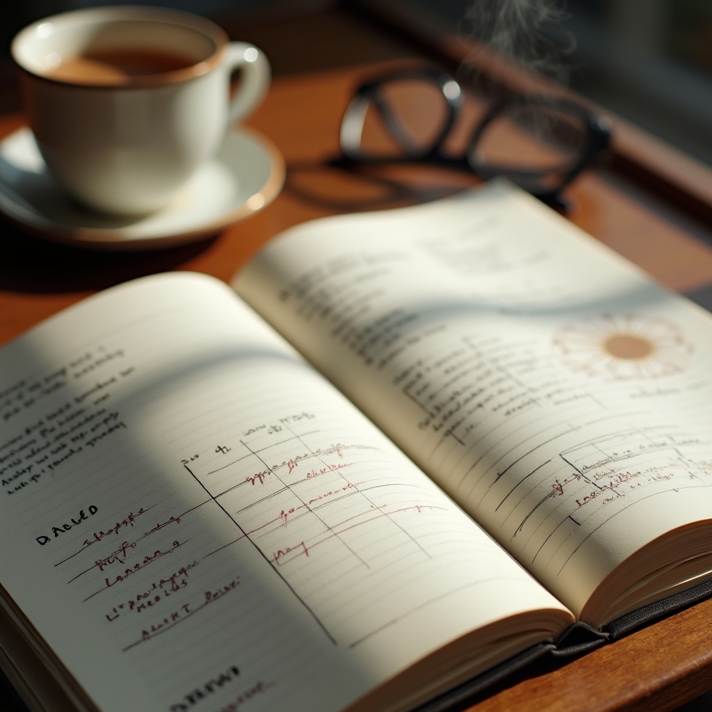 Handwritten notes and a simple weekly meal rotation grid in a kitchen journal next to a cup of tea