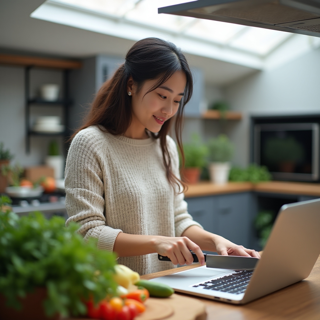 Workshop participant following along on a laptop while chopping vegetables at a home kitchen counter