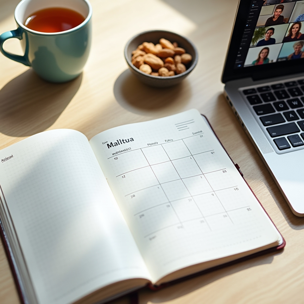 Weekly meal planning notebook with a rotation grid open beside a laptop showing a video call