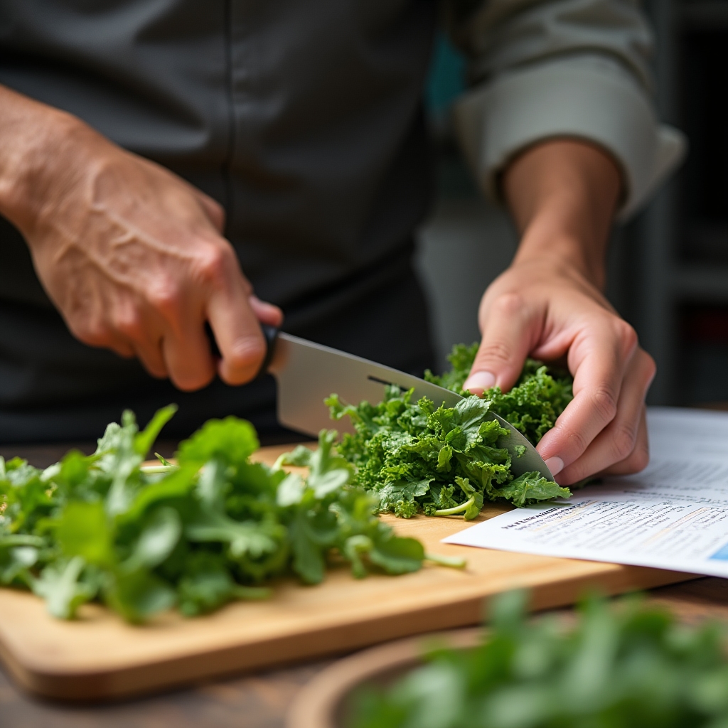 Close-up of hands chopping vegetables next to a printed research summary on a kitchen counter